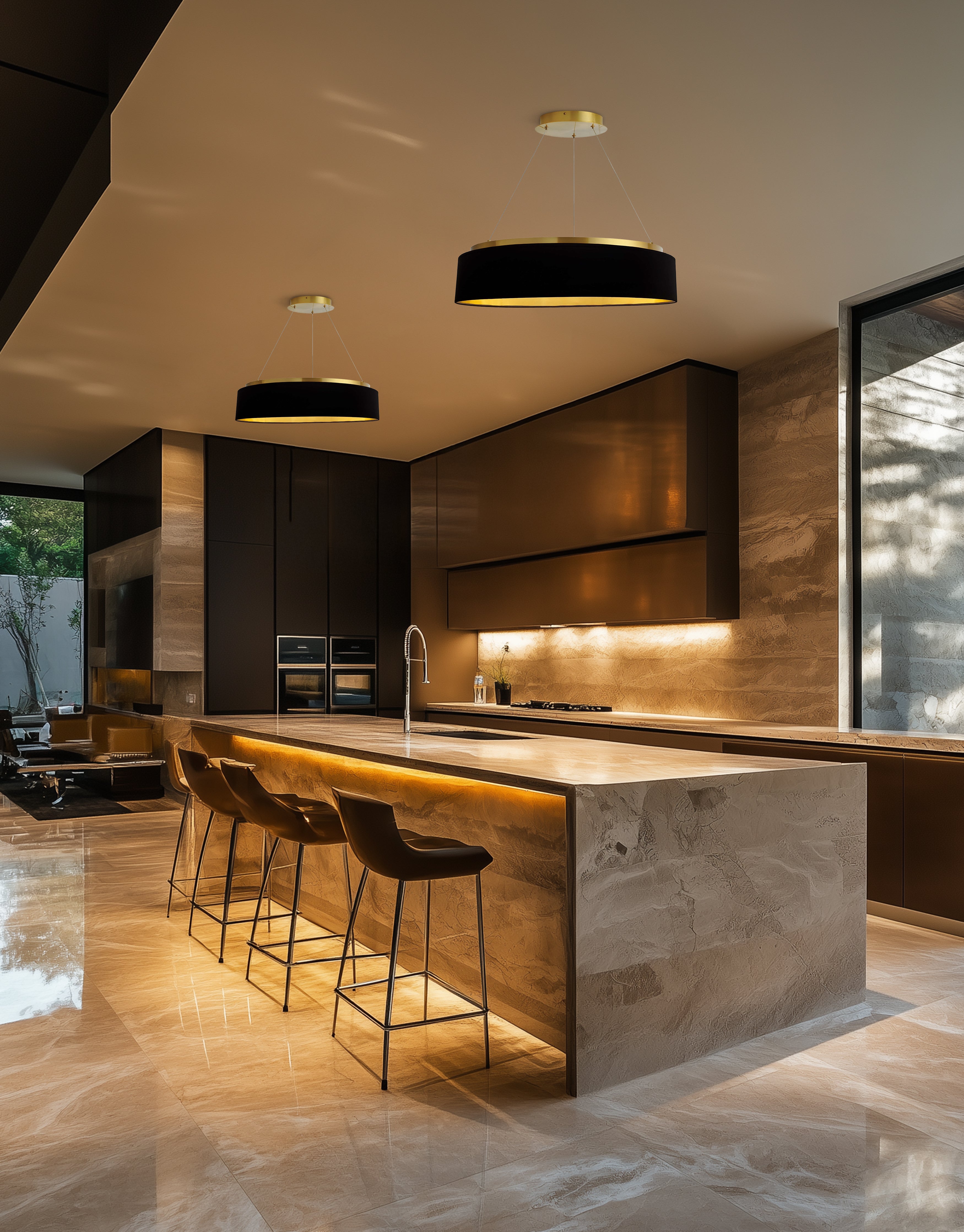 aged brass with black shade chandeliers