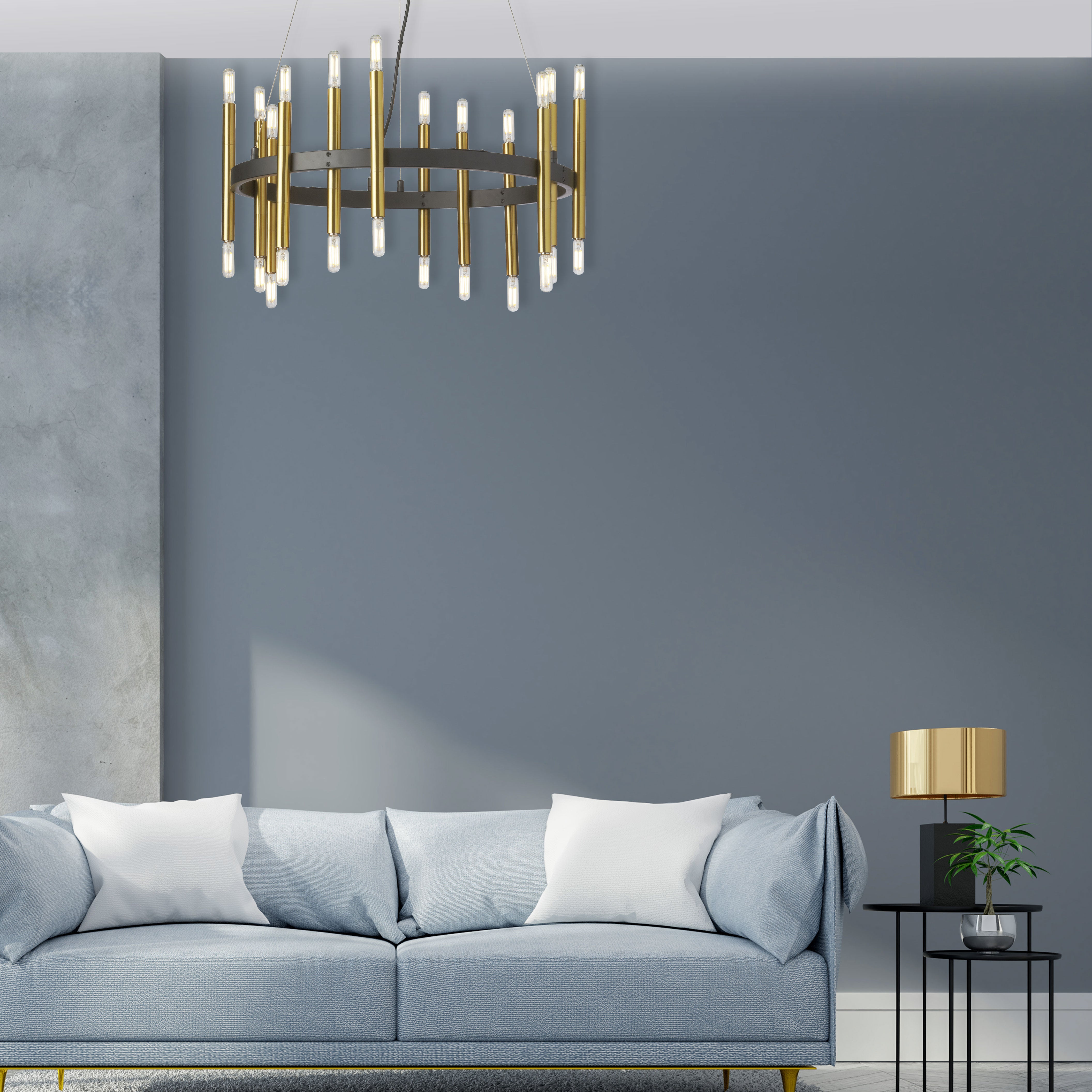 matte black and aged brass chandeliers