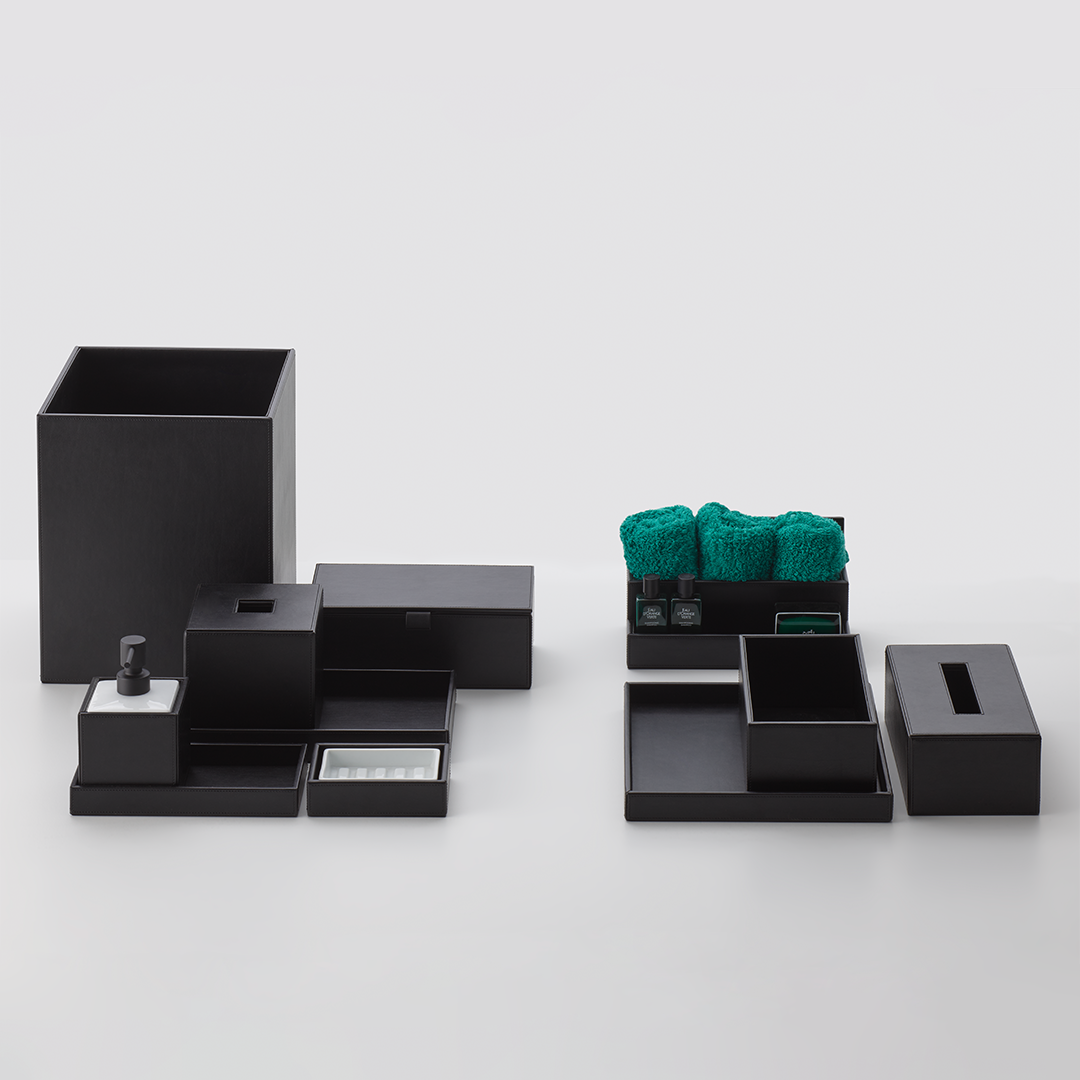 artificial leather black utensil box big with cover