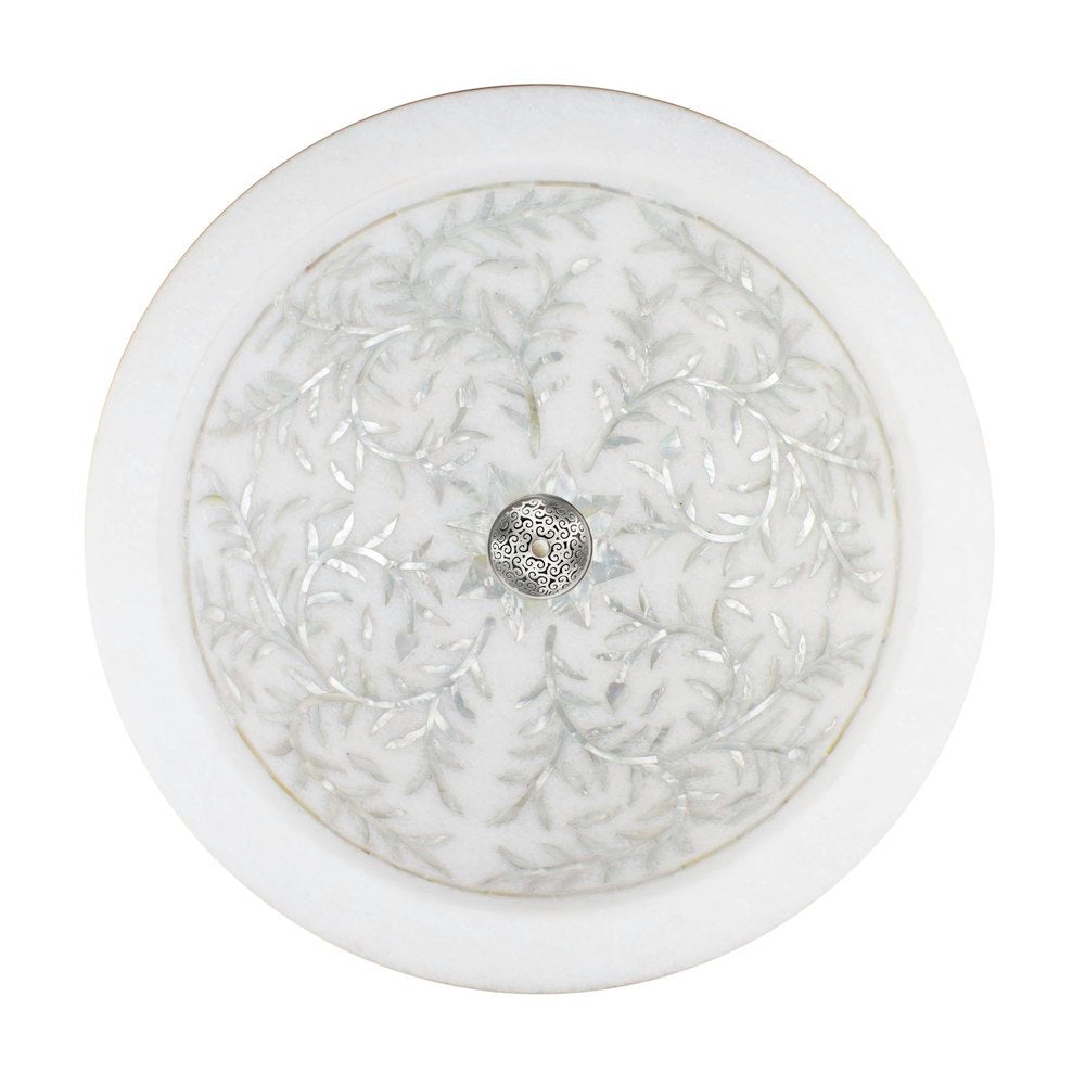 Linkasink Round Floral Mother of Pearl Inlay Vessel Sink 16.5" - White Marble