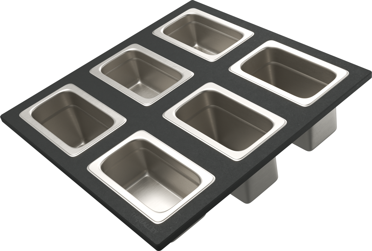 The Galley Dual Tier Condiment Serving Board 17" x 18" with Six Stainless Steel Containers and Lids