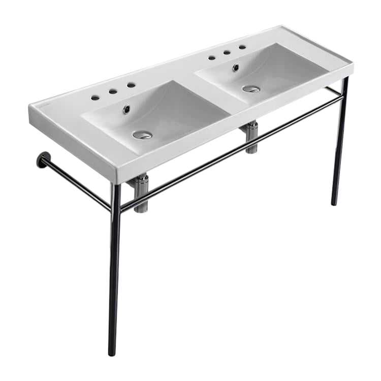 Nameeks Scarabeo 48" Ceramic Double Basin Bathroom Sink for Console Installation - Includes Overflow