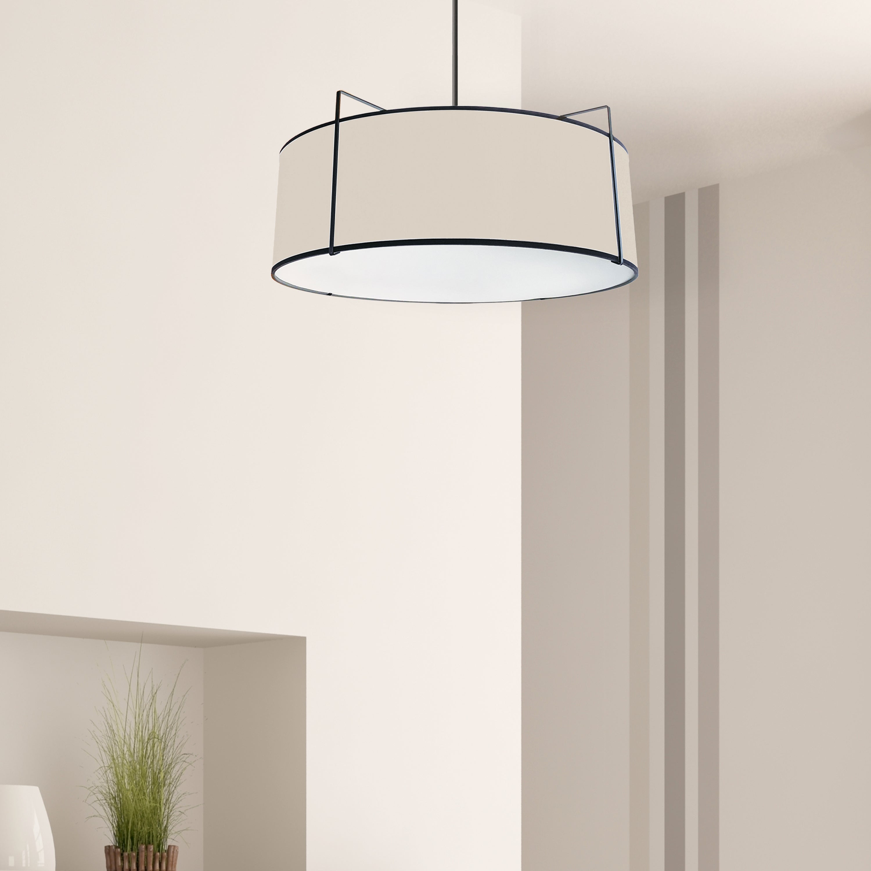 black and cream shade with white fabric diffuser pendants