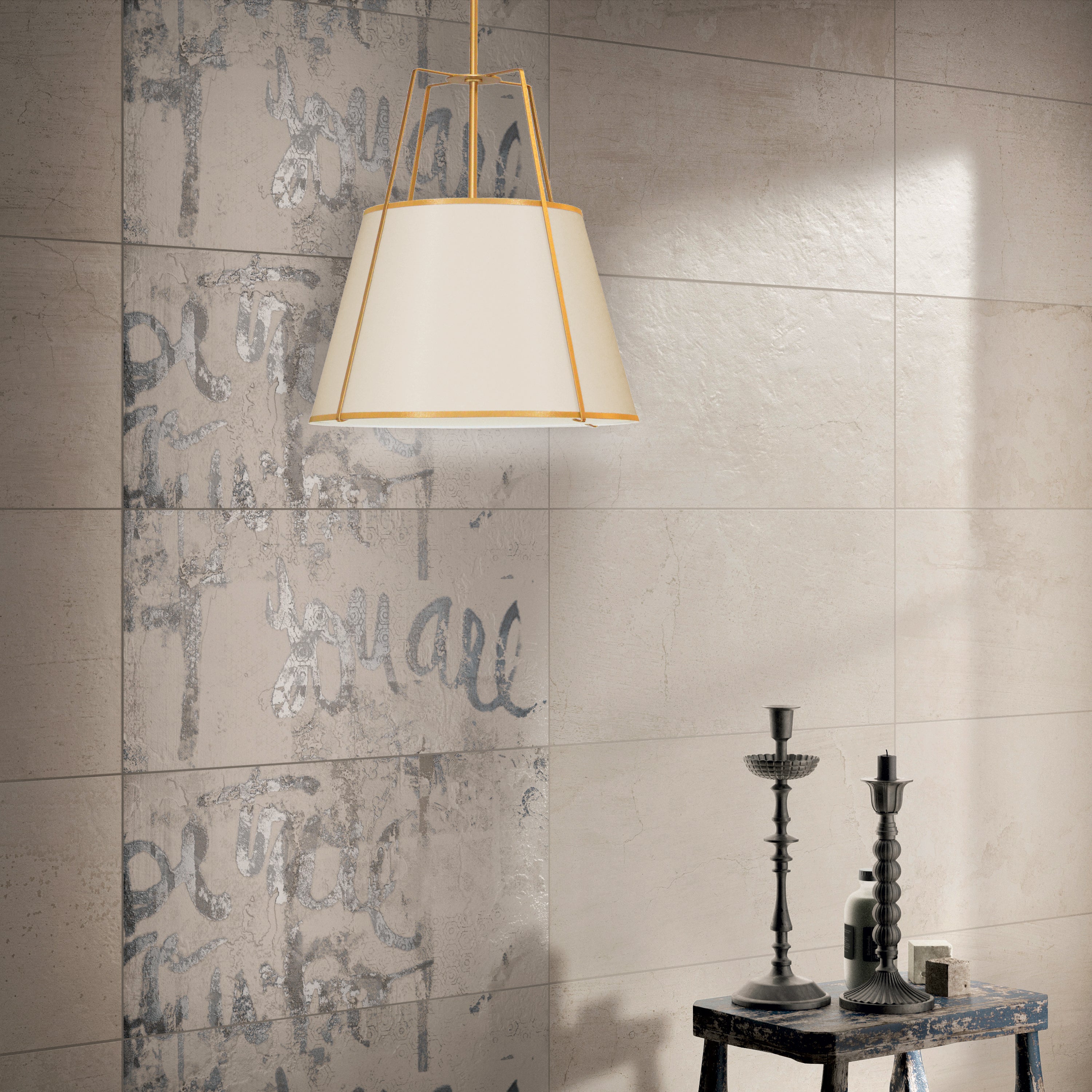 gold and cream shade with white fabric diffuser pendants