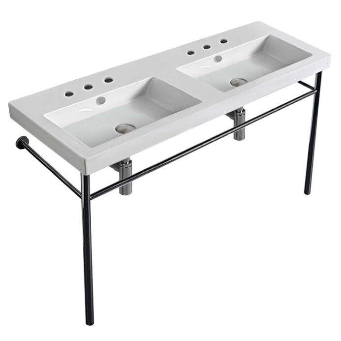 Nameeks Tecla 47-1/4" Ceramic Double Basin Bathroom Sink for Console Installation with Two Faucet Holes - Includes Overflow