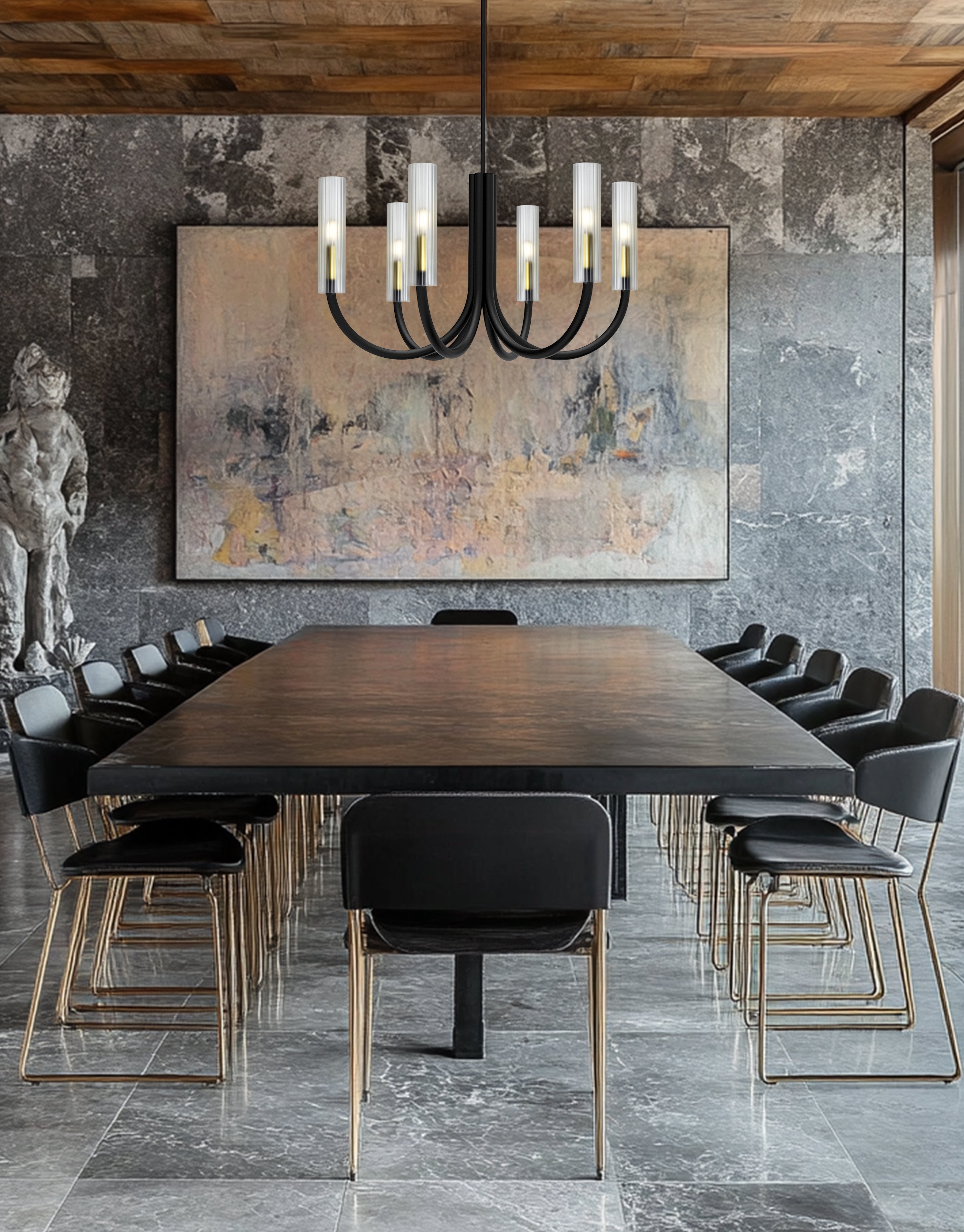 matte black and aged brass chandeliers