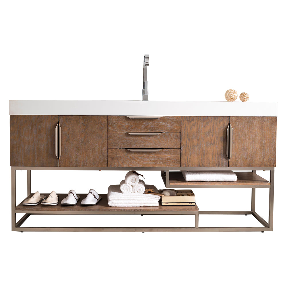 James Martin Vanities Columbia 72" Single Vanity With Brushed Nickel Base and Glossy White Composite Stone Top
