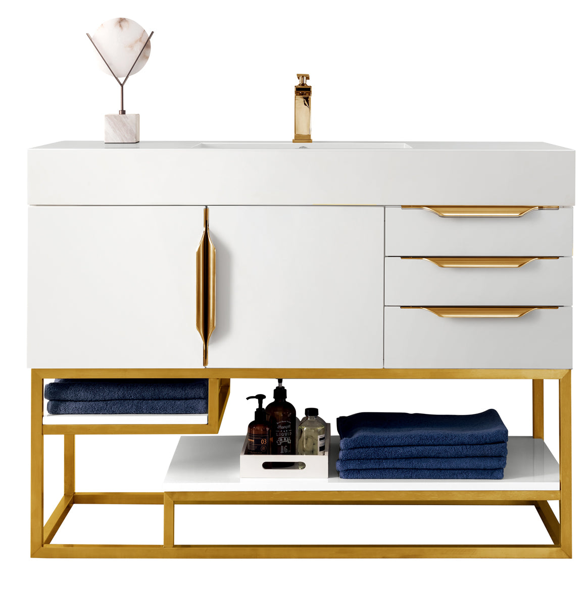 James Martin Vanities Columbia 48" Single Vanity With Radiant Gold Base and Glossy White Composite Stone Top