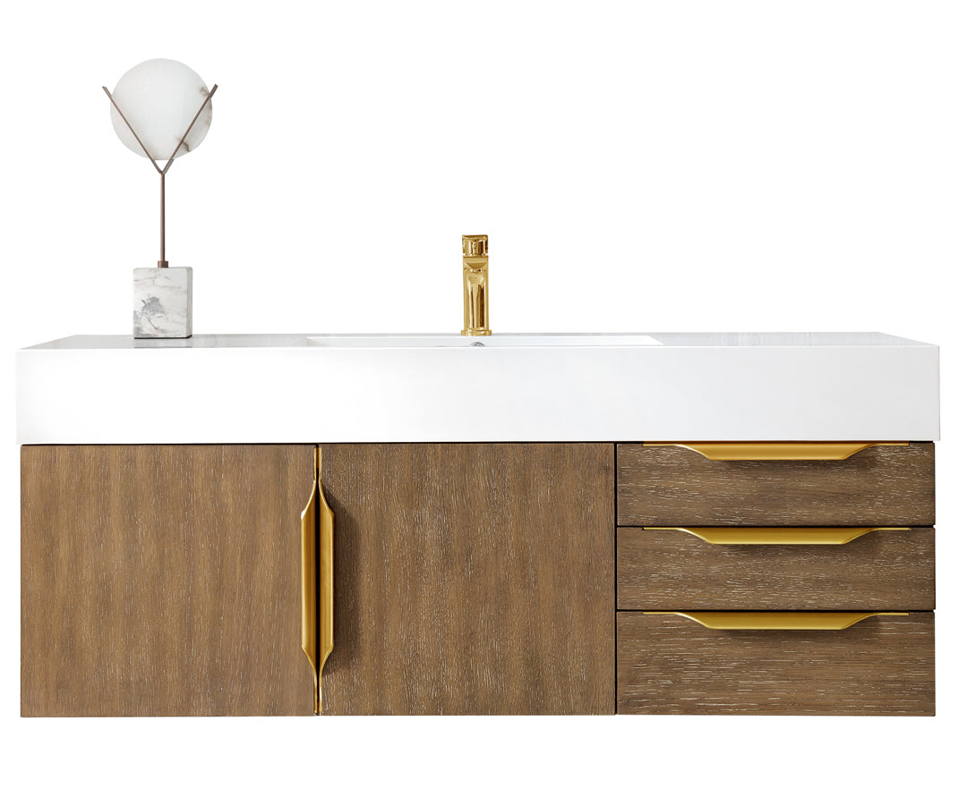 James Martin Vanities Columbia 48" Single Wall Mount Vanity With Radiant Gold Base Glossy White Composite Stone Top