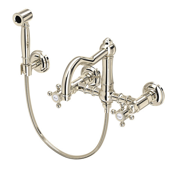 Rohl Acqui Wall Mount Bridge Kitchen Faucet with Sidespray and Column Spout
