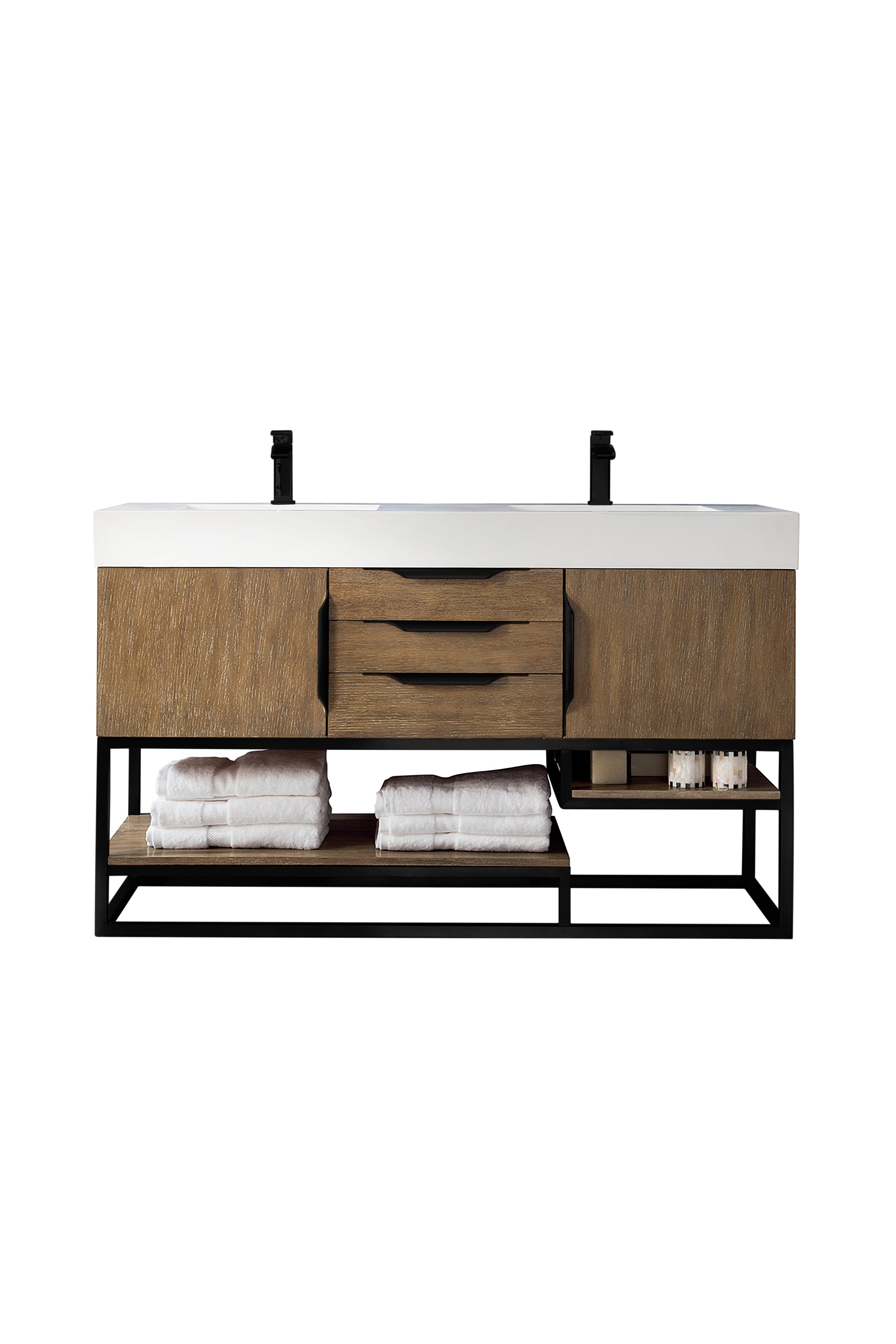 James Martin Vanities Columbia 59" Double Vanity With Matte Black Base and Glossy White Composite Stone Top