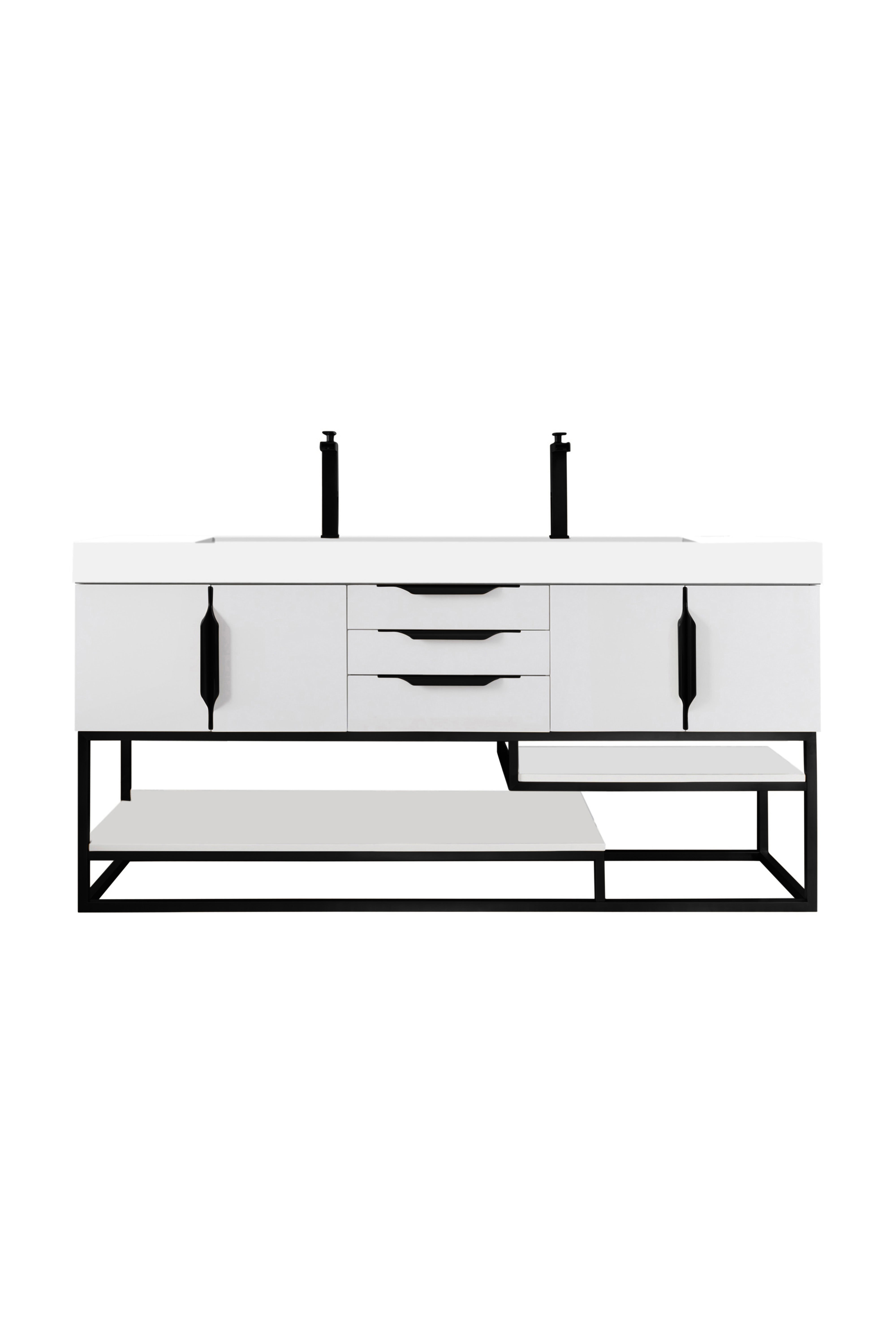 James Martin Vanities Columbia 72" Double Vanity With Matte Black Base and Glossy White Composite Stone Top