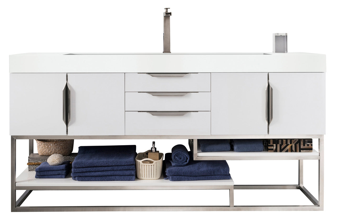 James Martin Vanities Columbia 72" Single Vanity With Brushed Nickel Base and Glossy White Composite Stone Top