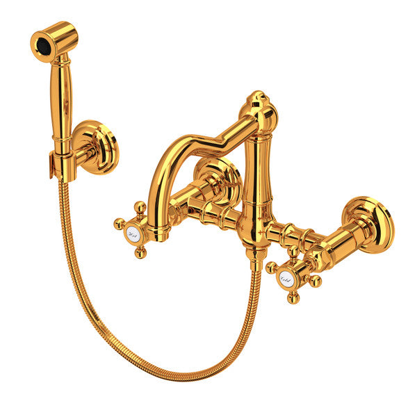 Rohl Acqui Wall Mount Bridge Kitchen Faucet with Sidespray and Column Spout