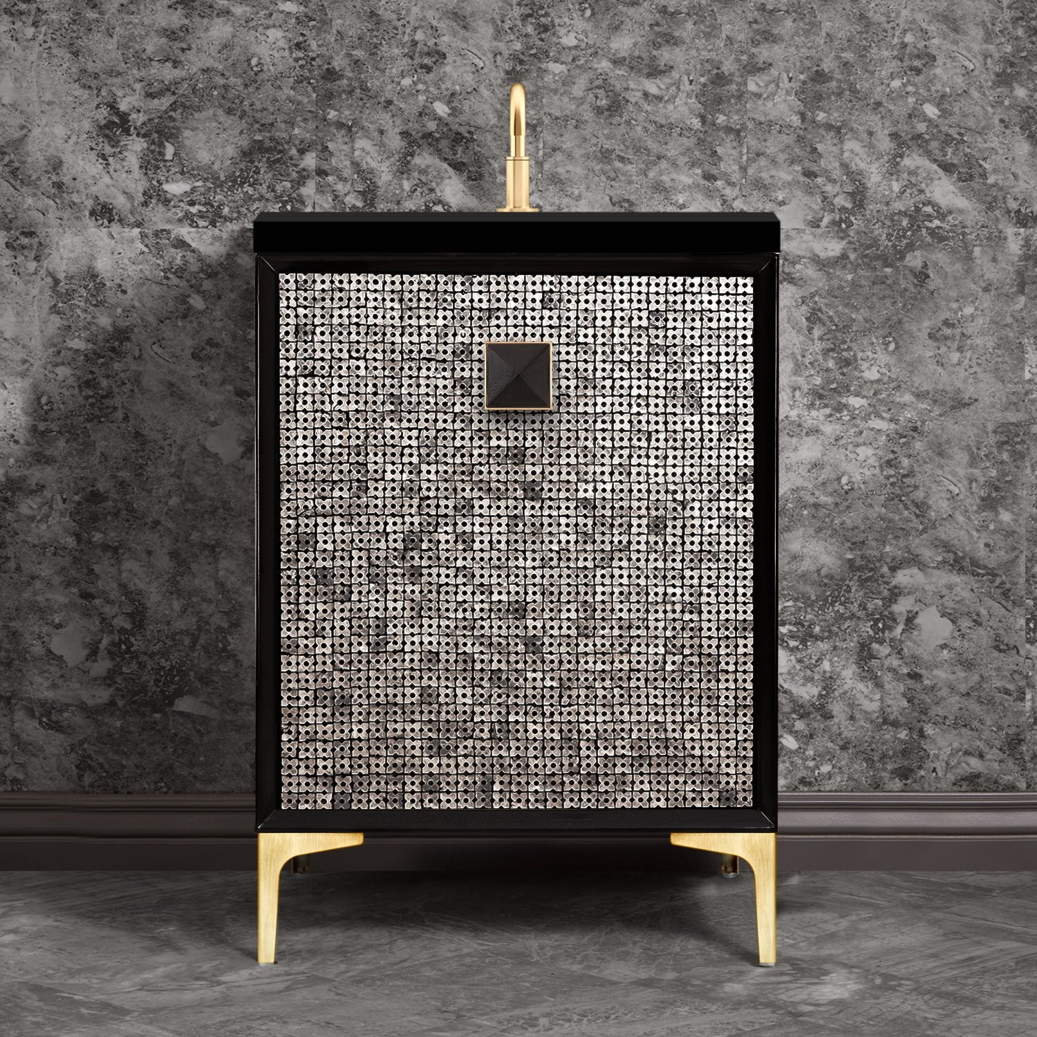 Linkasink Mother of Pearl with 3" Black Artisan Glass Prism Hardware Vanity