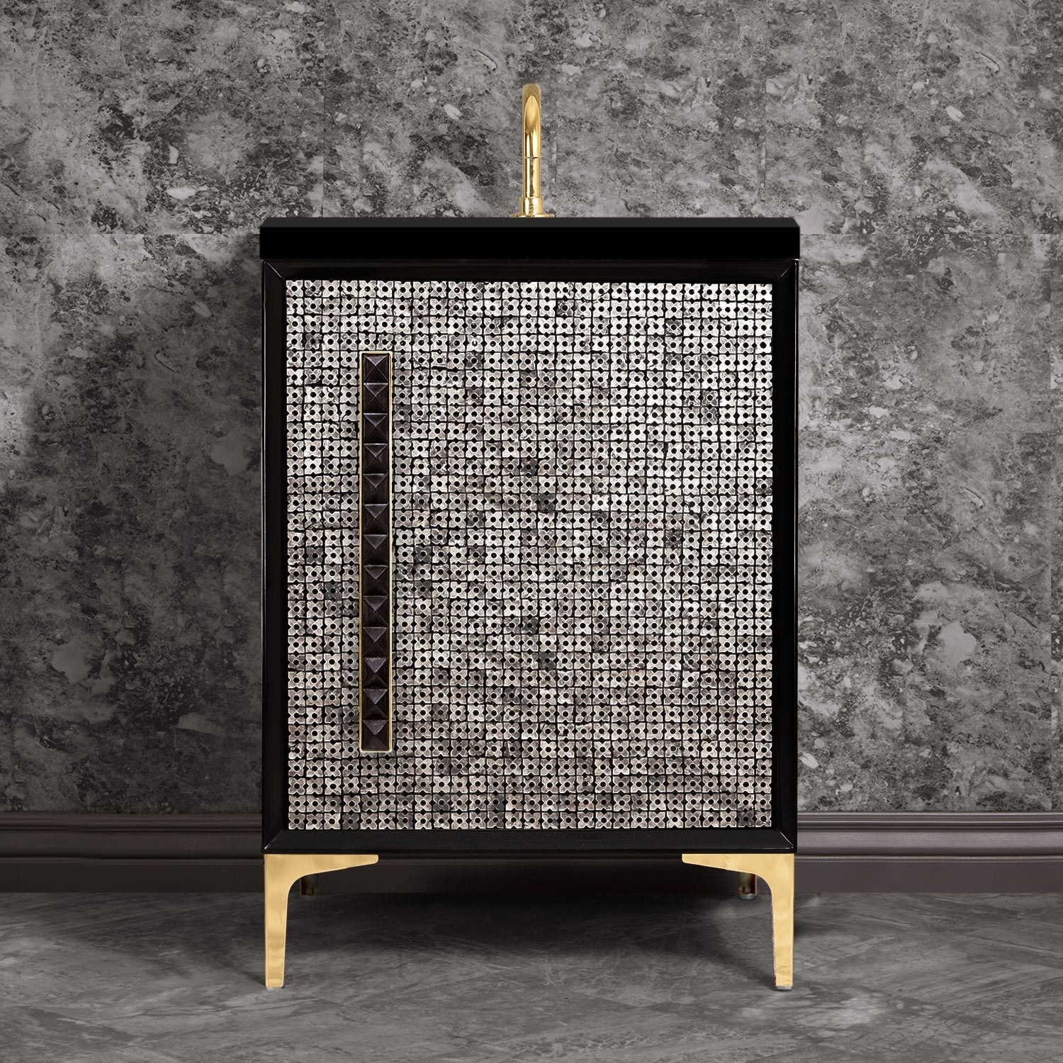 Linkasink Mother of Pearl with 18" Black Artisan Glass Pyramid Hardware Vanity