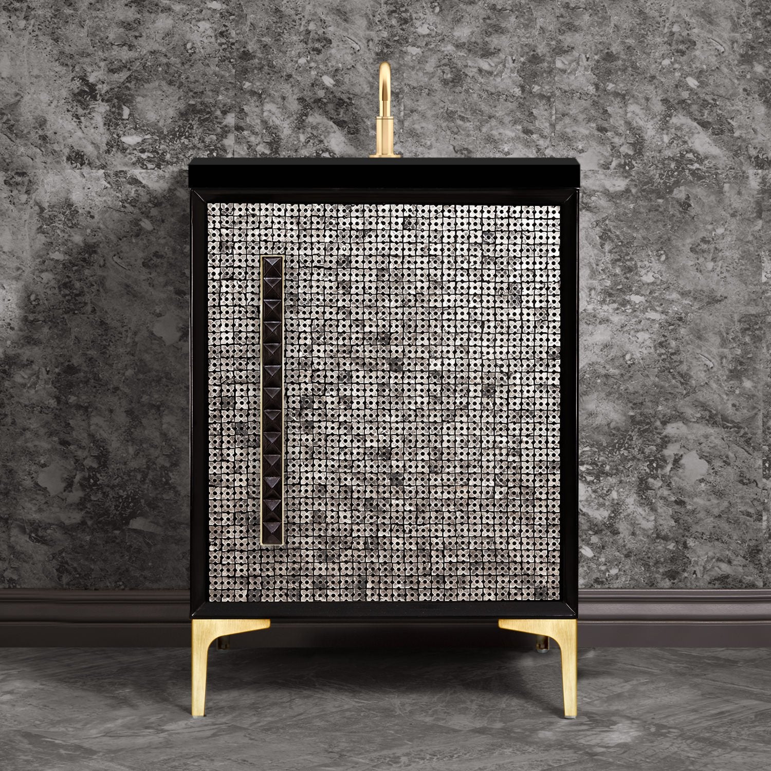 Linkasink Mother of Pearl with 18" Black Artisan Glass Pyramid Hardware Vanity