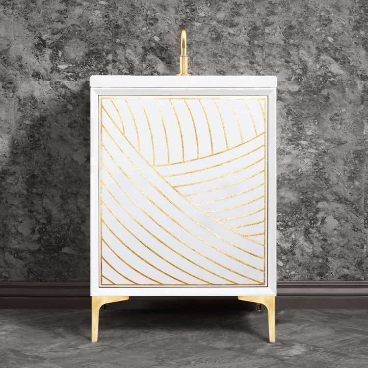 white with satin brass vanity