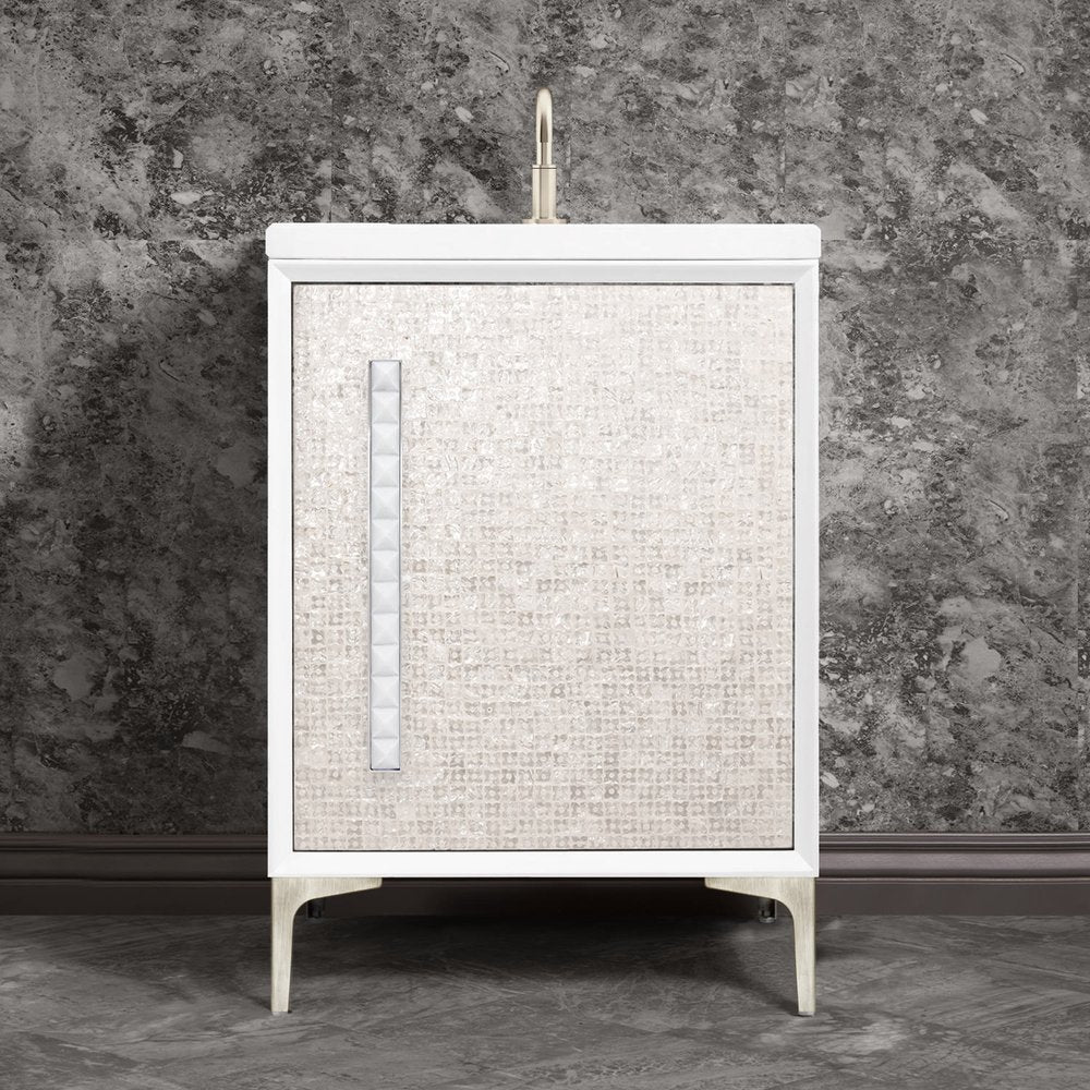 satin nickel with white pyramid glass vanity