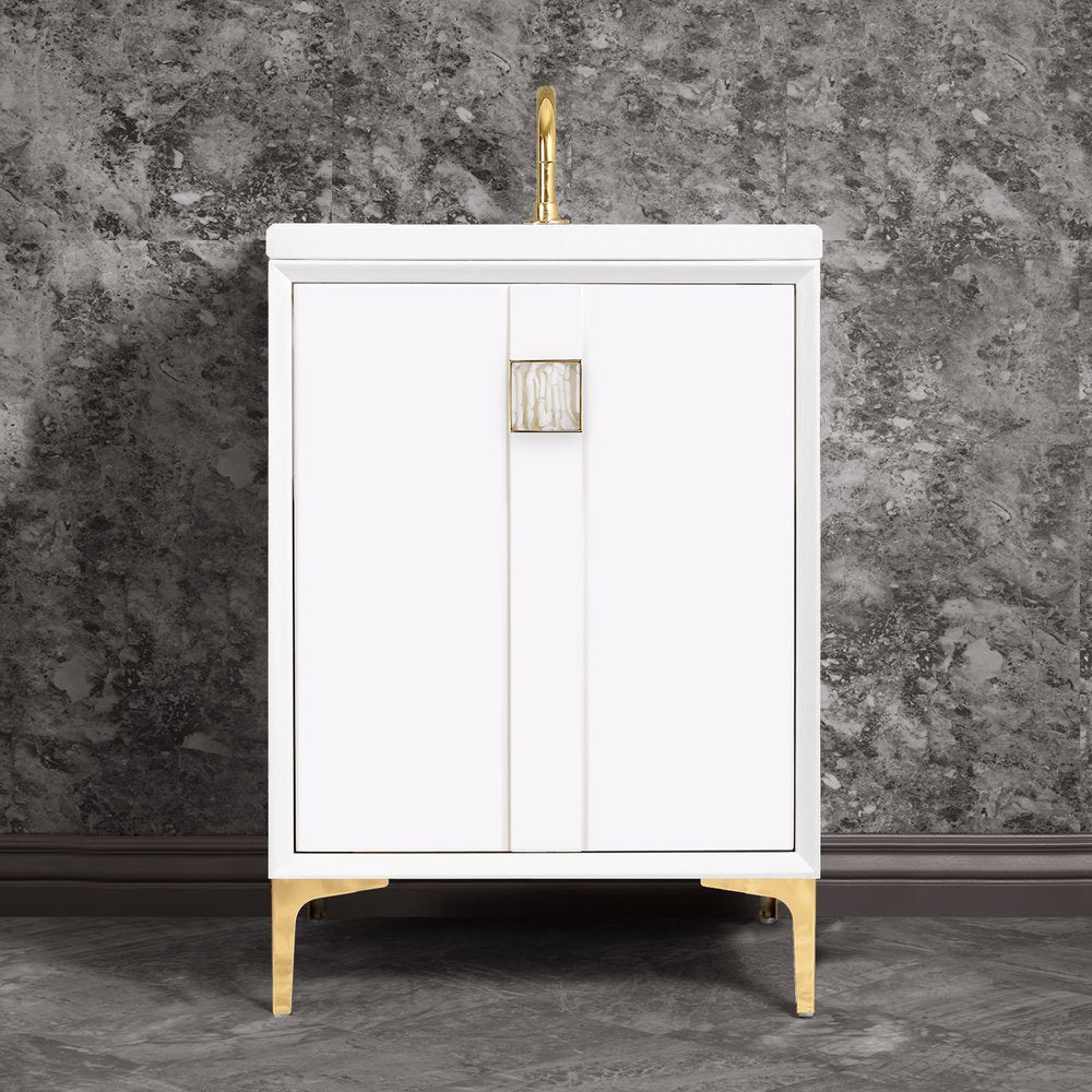 polished brass with white tiger prism glass vanity
