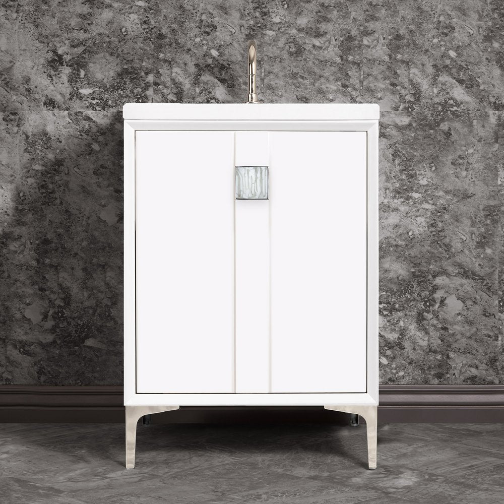 polished nickel with white tiger prism glass vanity