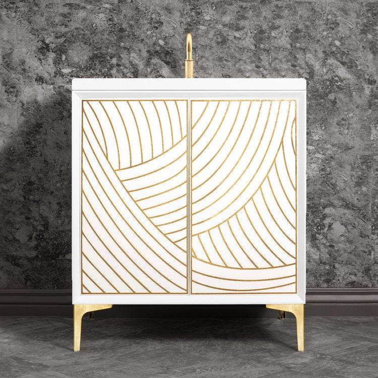 white with satin brass vanity