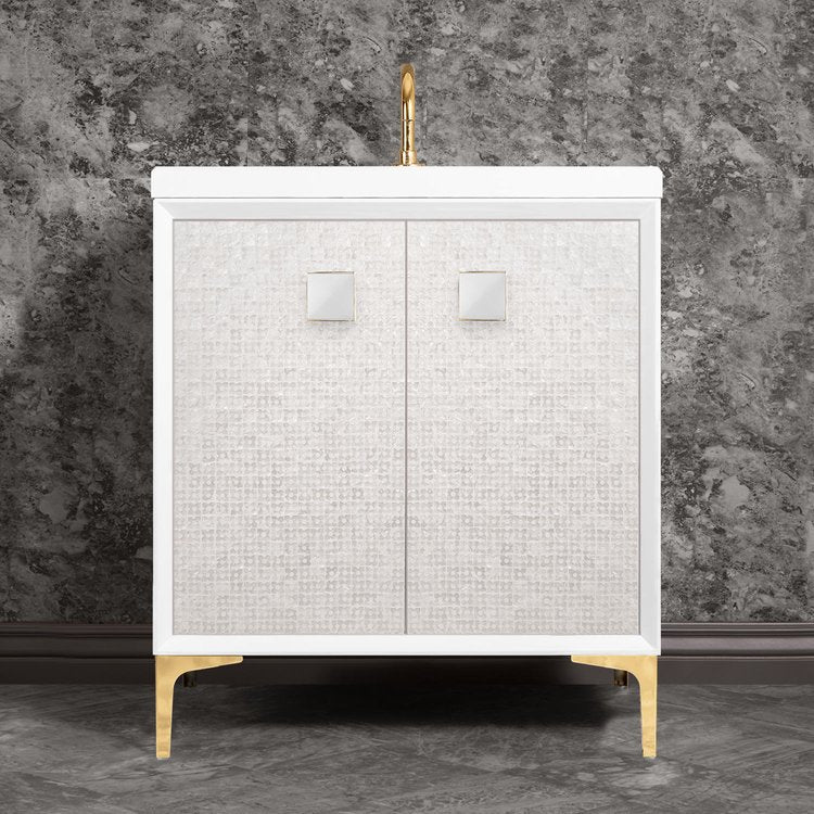 polished brass with white prism glass vanity