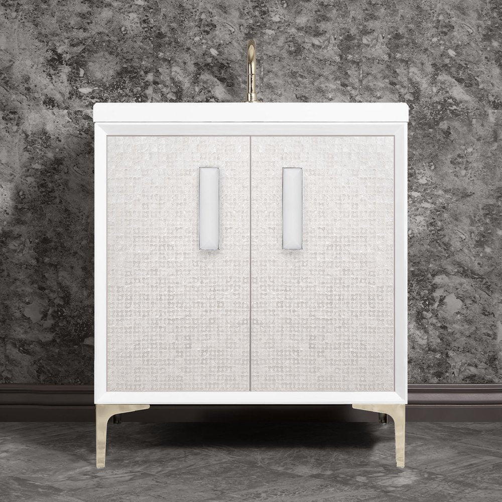polished nickel with white prism glass vanity