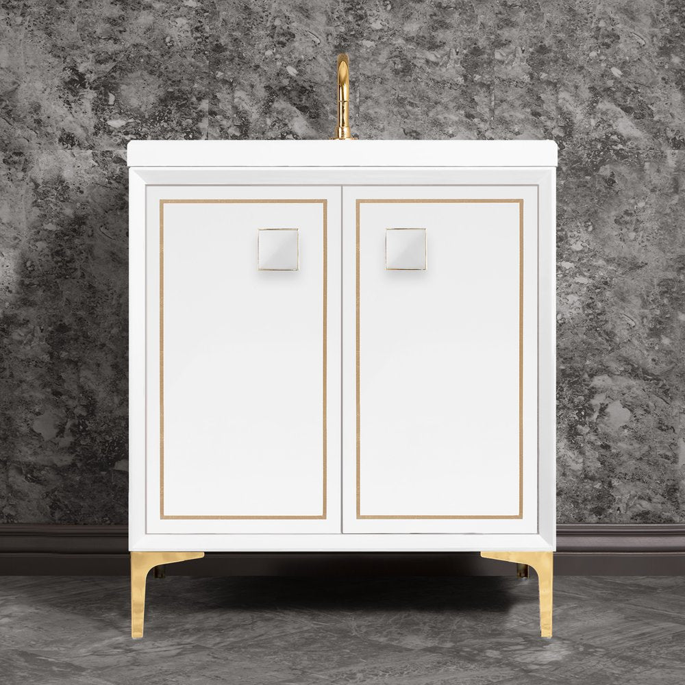 polished brass with white prism glass vanity