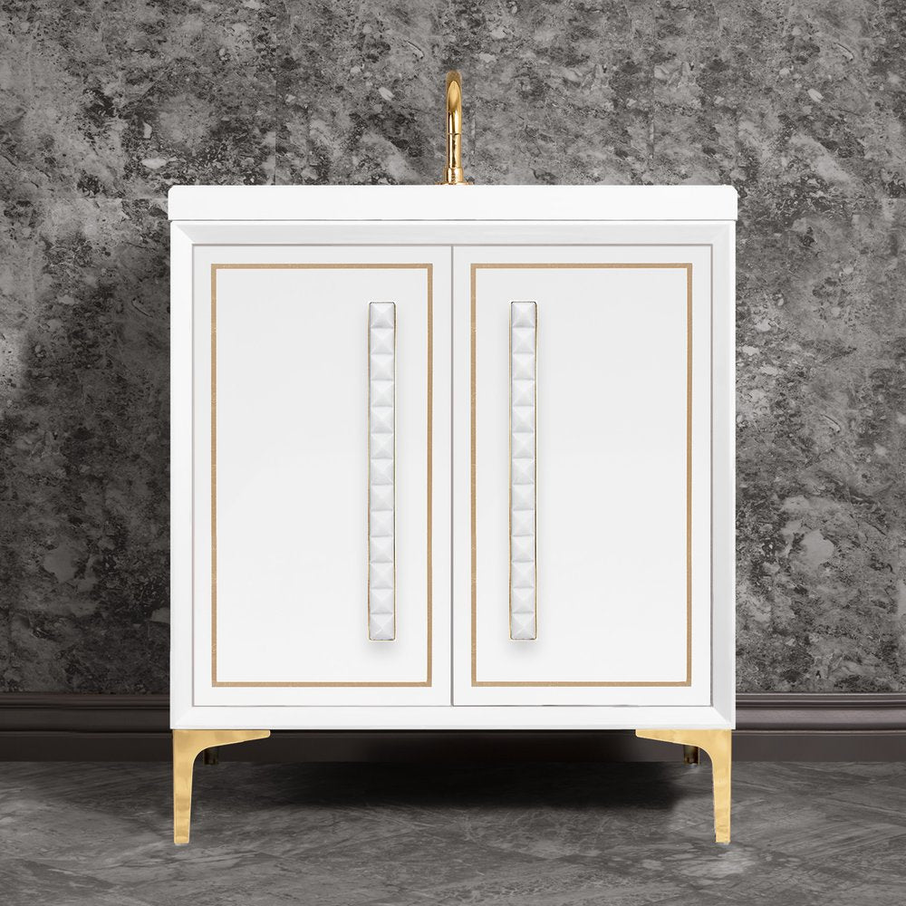 polished brass with white pyramid glass vanity