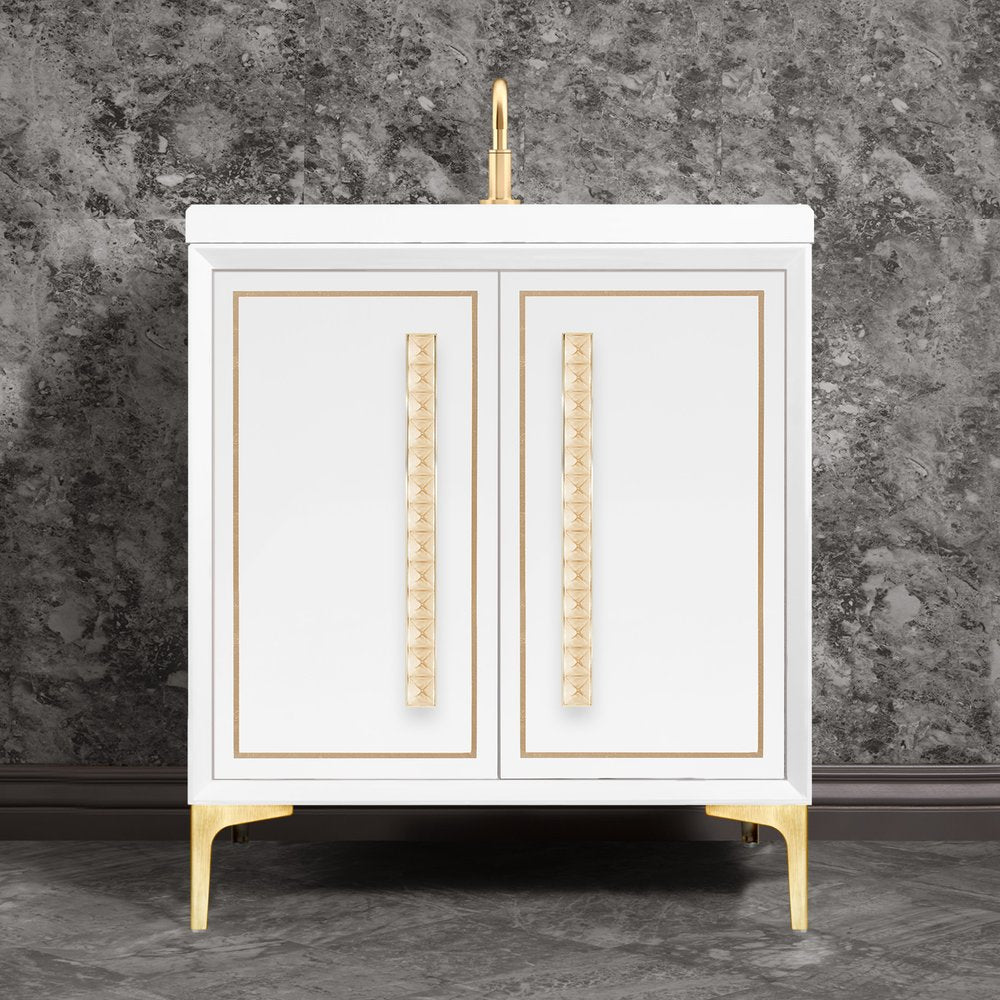 satin brass with eglomisé pyramid glass vanity