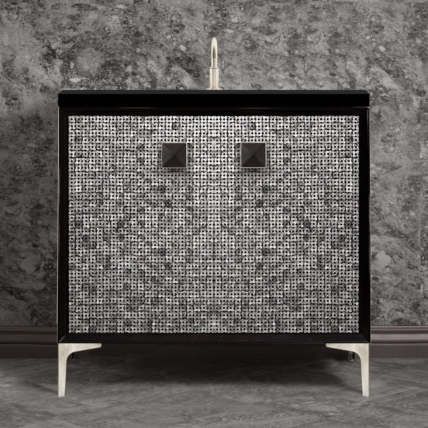 Linkasink Mother of Pearl with 3" Black Artisan Glass Prism Hardware Vanity