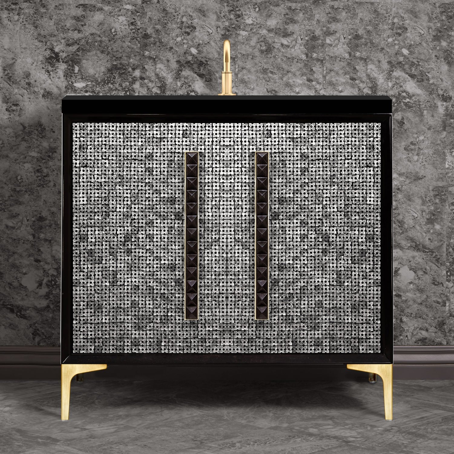 Linkasink Mother of Pearl with 18" Black Artisan Glass Pyramid Hardware Vanity