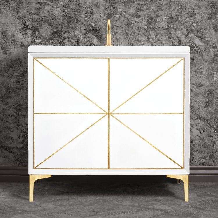 white with satin brass vanity