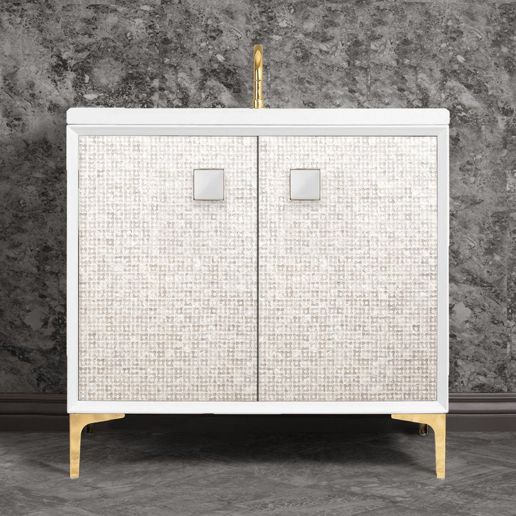 polished brass with white prism glass vanity
