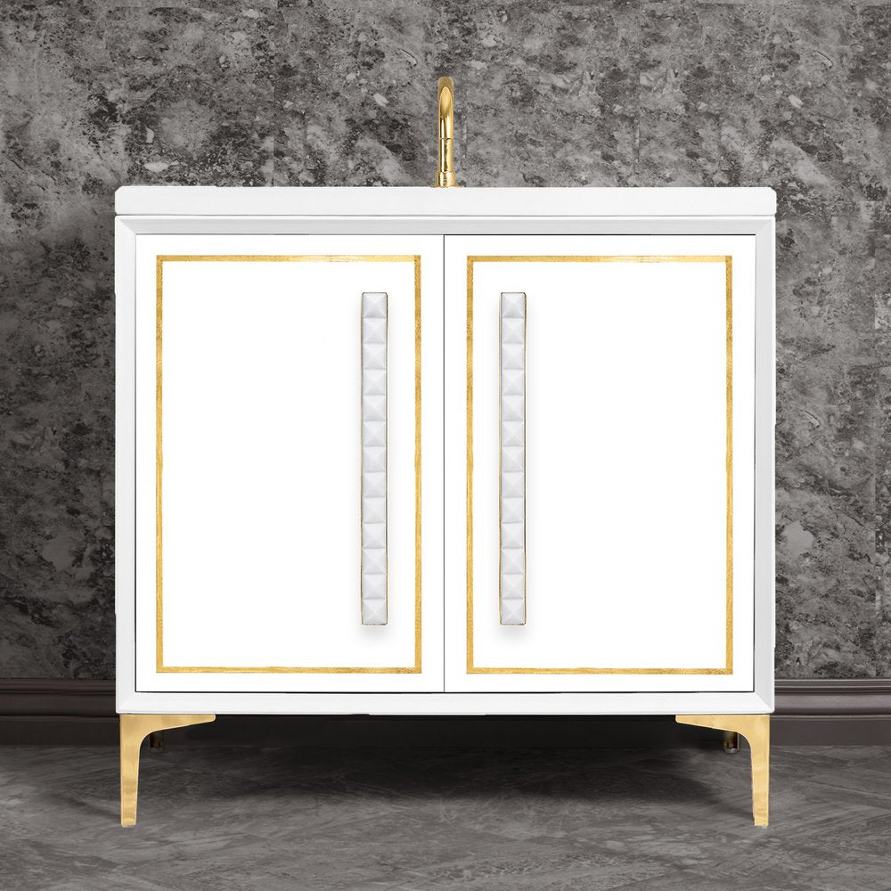 polished brass with white pyramid glass vanity